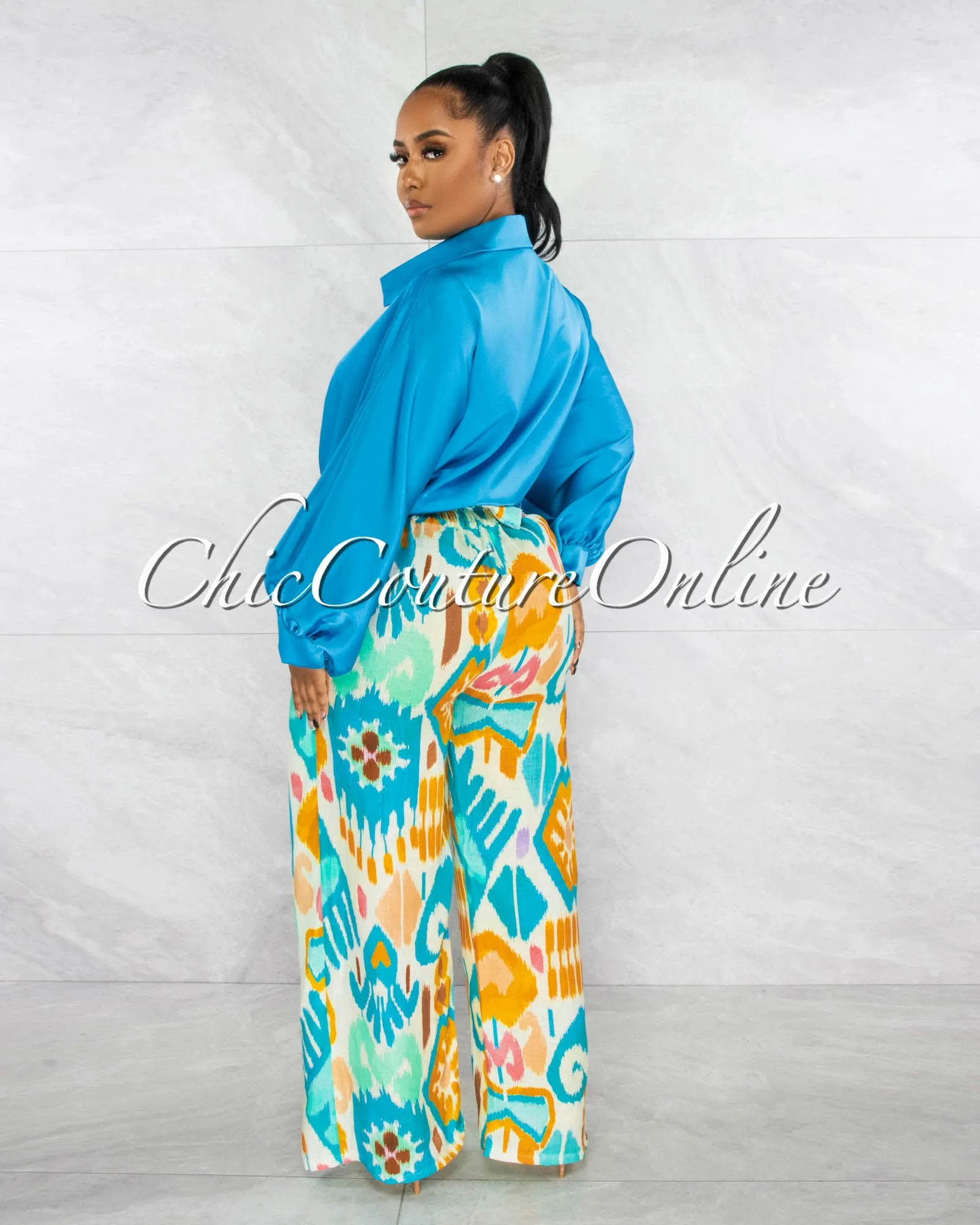 *Pilar Turquoise Wide Sleeves Silky Blouse sold by Chic Couture product image thumbnail 3