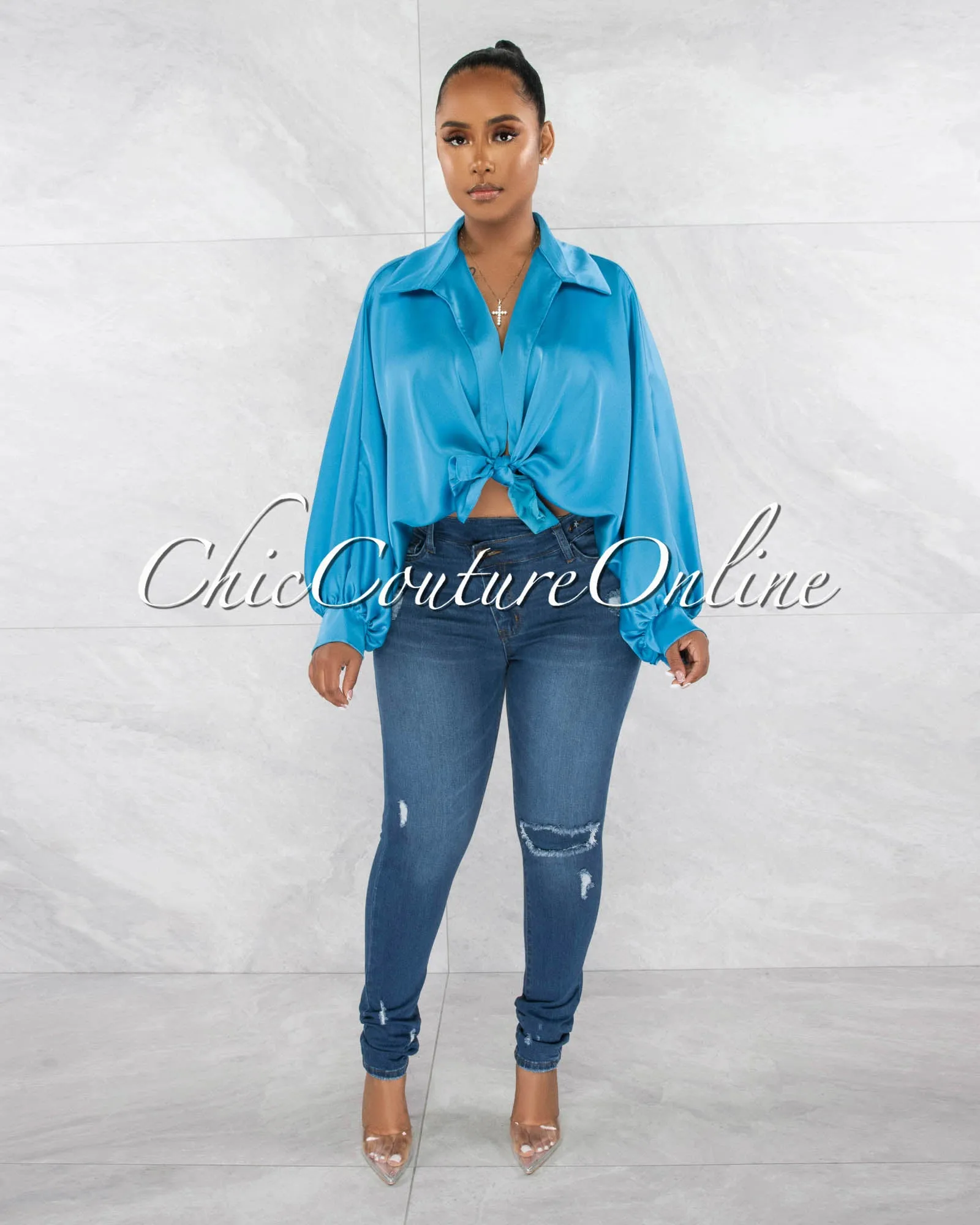 *Pilar Turquoise Wide Sleeves Silky Blouse sold by Chic Couture product image thumbnail 5