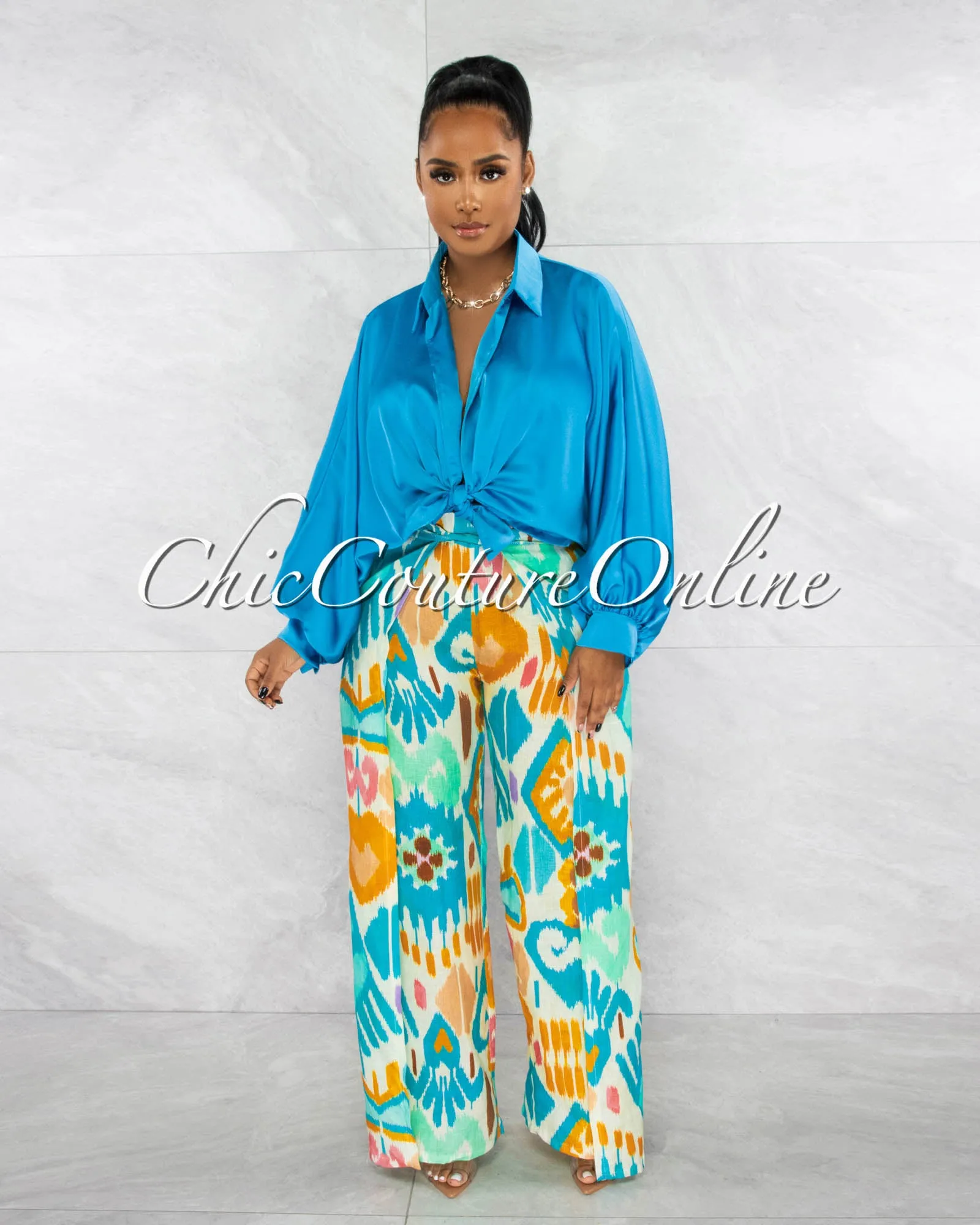 *Pilar Turquoise Wide Sleeves Silky Blouse sold by Chic Couture product image thumbnail 2