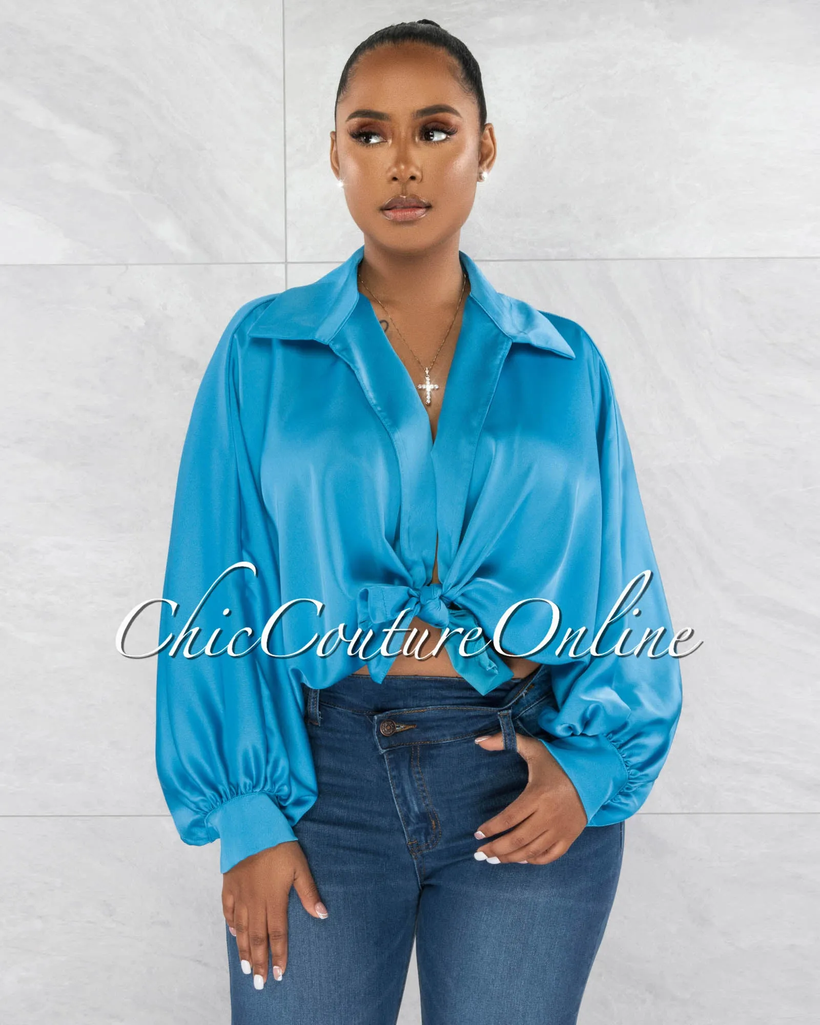 *Pilar Turquoise Wide Sleeves Silky Blouse sold by Chic Couture product image thumbnail 4