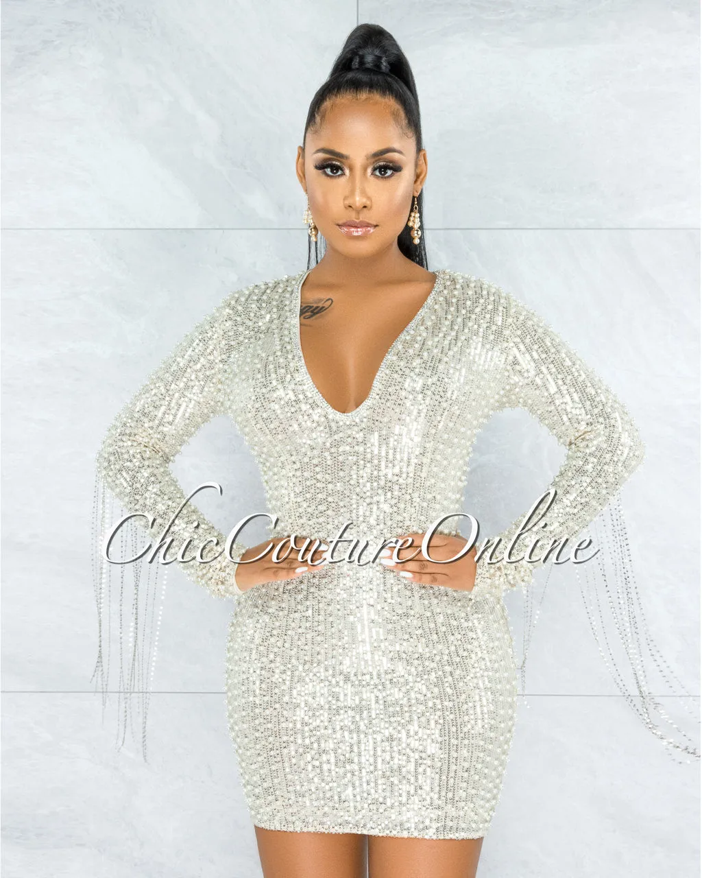 *Glory Silver Sequin Pearls Chain Sleeves Fringe Mini Dress sold by Chic Couture product image thumbnail 4