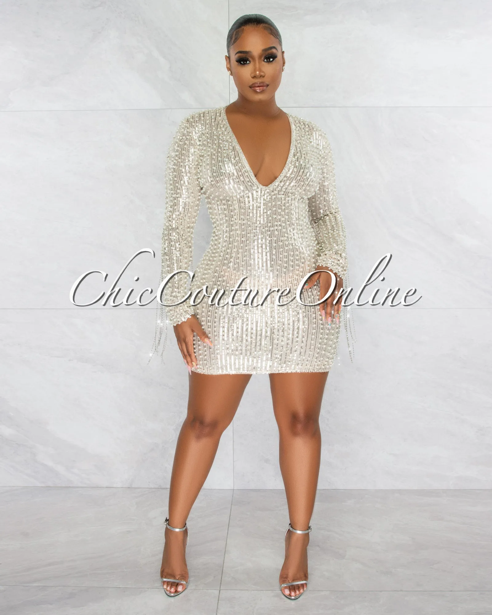 *Glory Silver Sequin Pearls Chain Sleeves Fringe Mini Dress sold by Chic Couture product image thumbnail 2