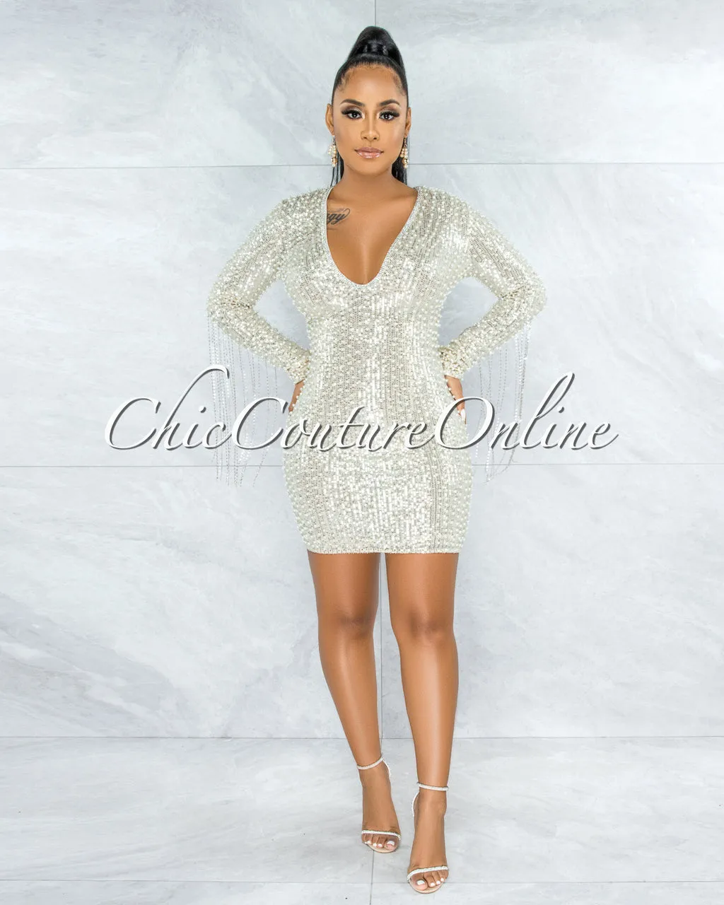 *Glory Silver Sequin Pearls Chain Sleeves Fringe Mini Dress sold by Chic Couture product image thumbnail 5