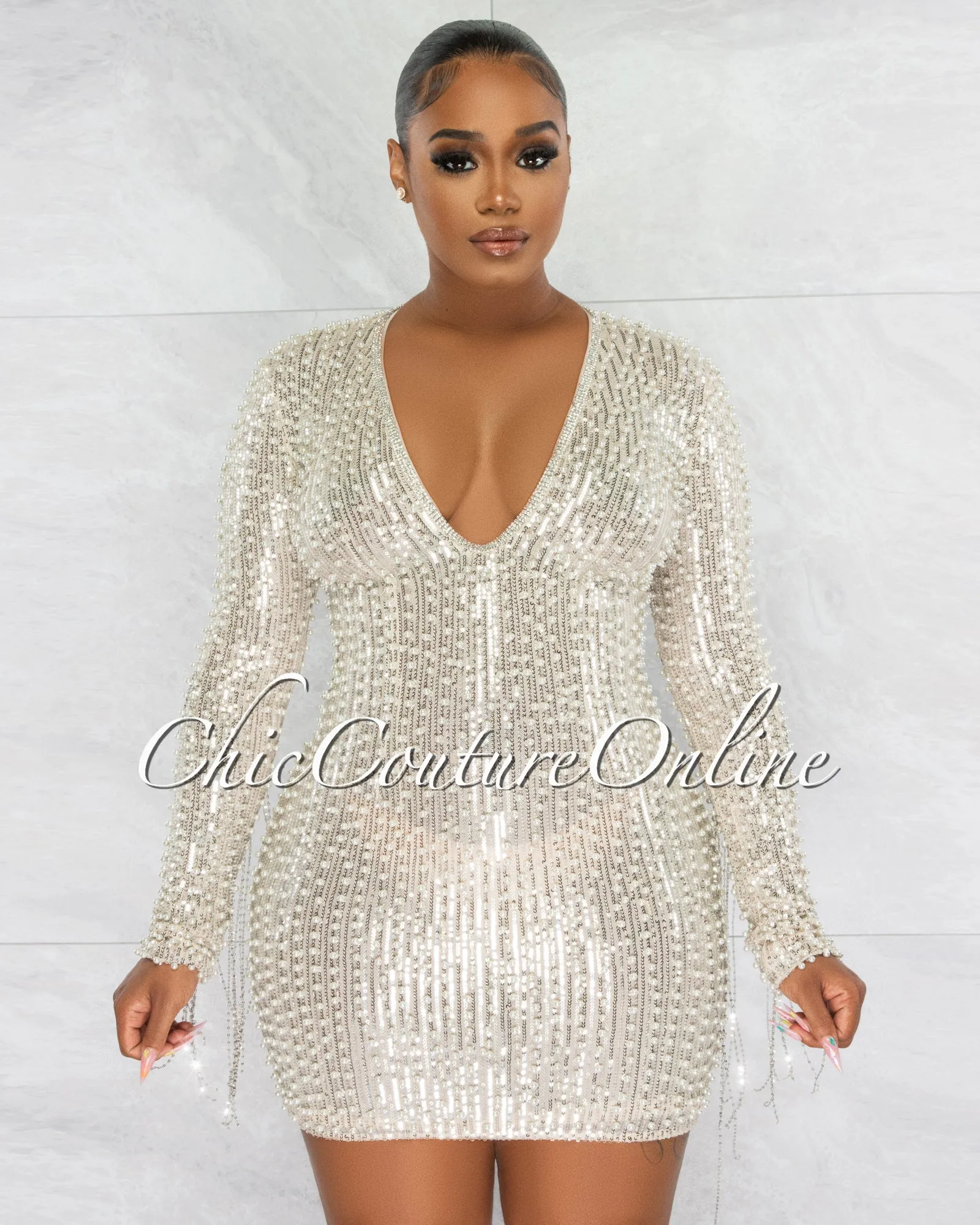 *Glory Silver Sequin Pearls Chain Sleeves Fringe Mini Dress sold by Chic Couture