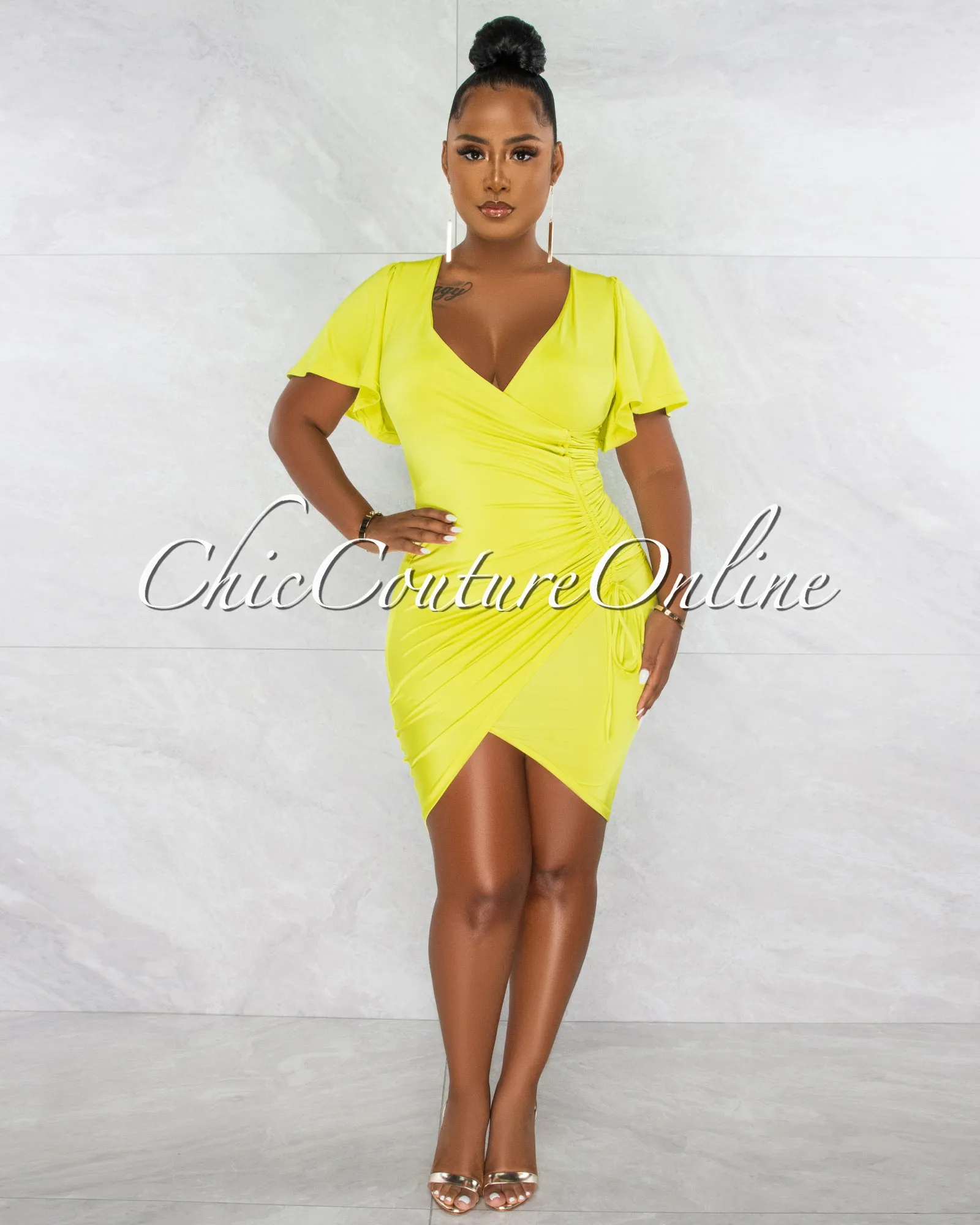 *Dalie Lime Wrap Ruched Side Midi Dress sold by Chic Couture product image thumbnail 2