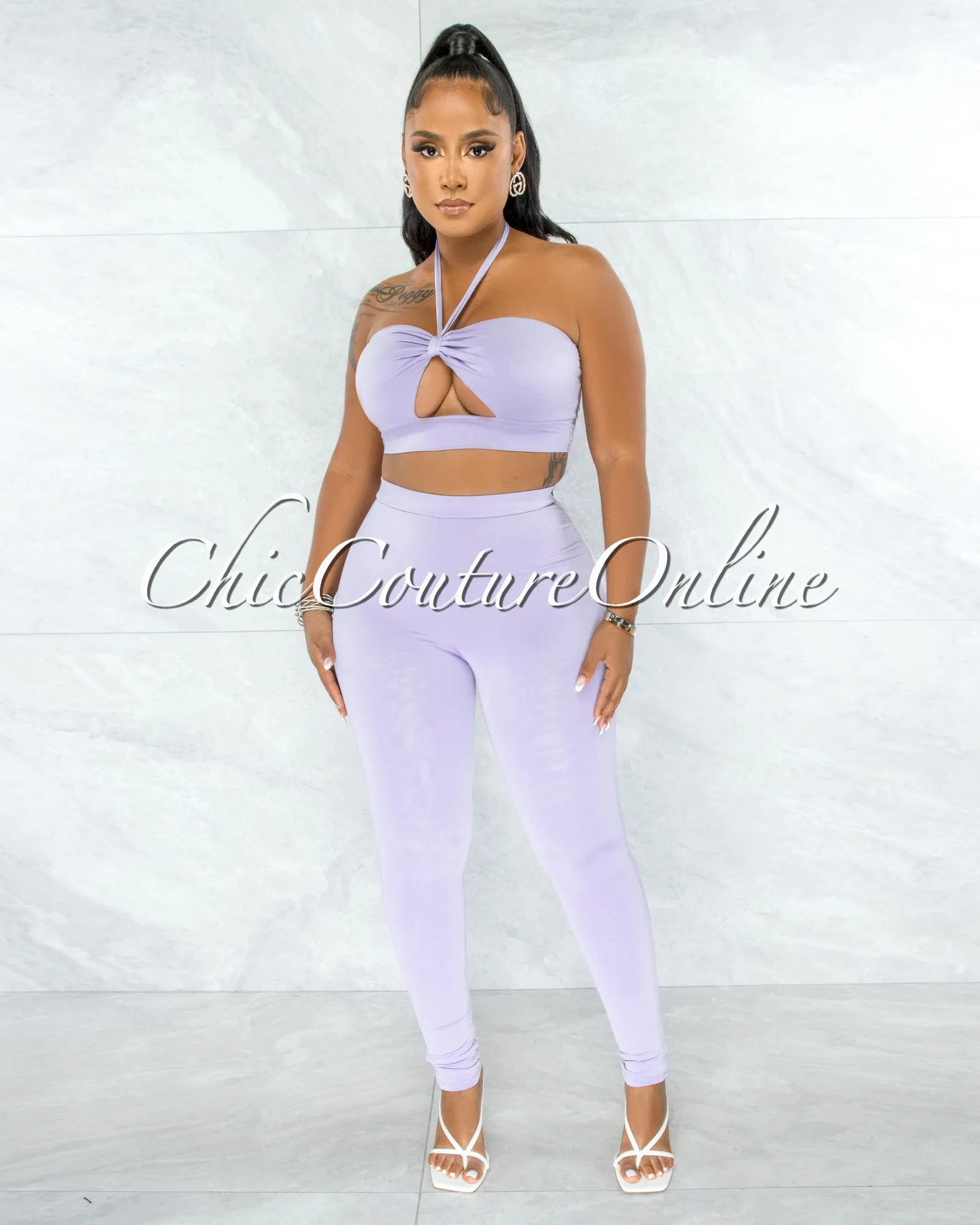 *Hudel Lilac Bust Key-Hole Crop Top & Double Lined Leggings Set sold by Chic Couture