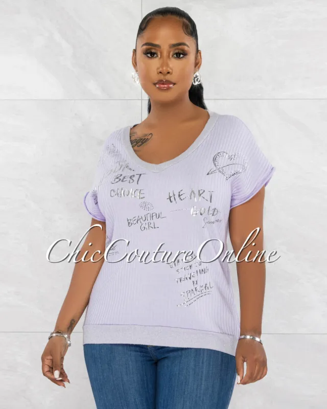 *Levity Lilac Silver Graphic Ribbed Top sold by Chic Couture