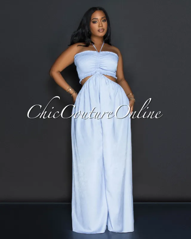 *Taliah Light Blue Chambray Smocked Top Jumpsuit sold by Chic Couture