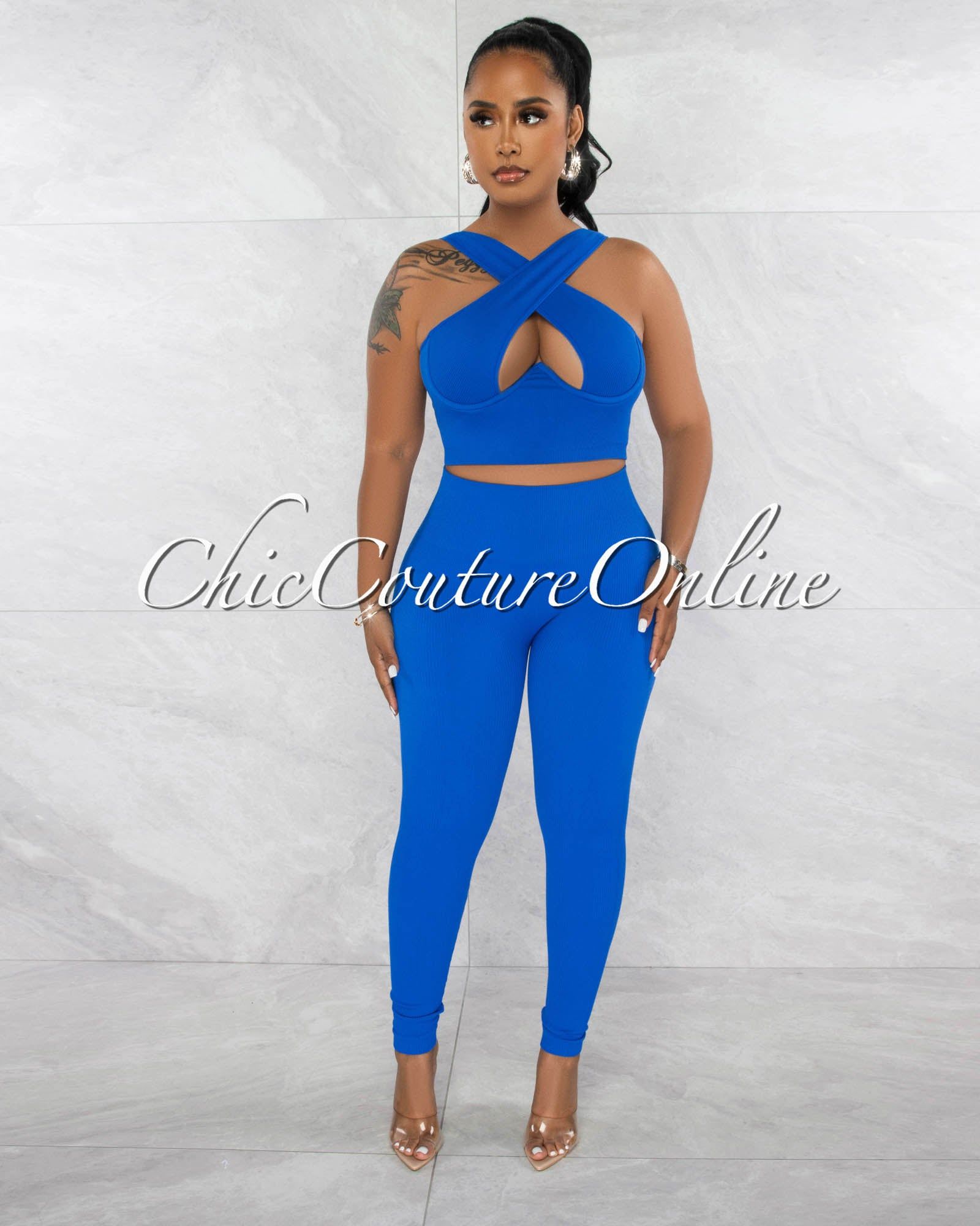 Parice Blue Cut-Out Bust Top & Leggings Sculpting Set (9/11) sold by Chic Couture