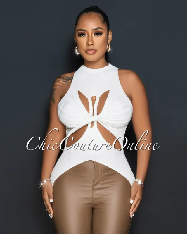 Tawana Off-White Front Cut-Out Ribbed Top sold by Chic Couture