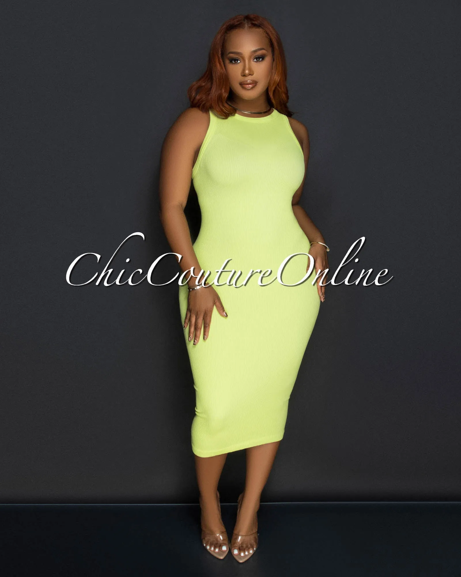 Liona Yellow Sleeveless Ribbed Midi Dress sold by Chic Couture product image thumbnail 2
