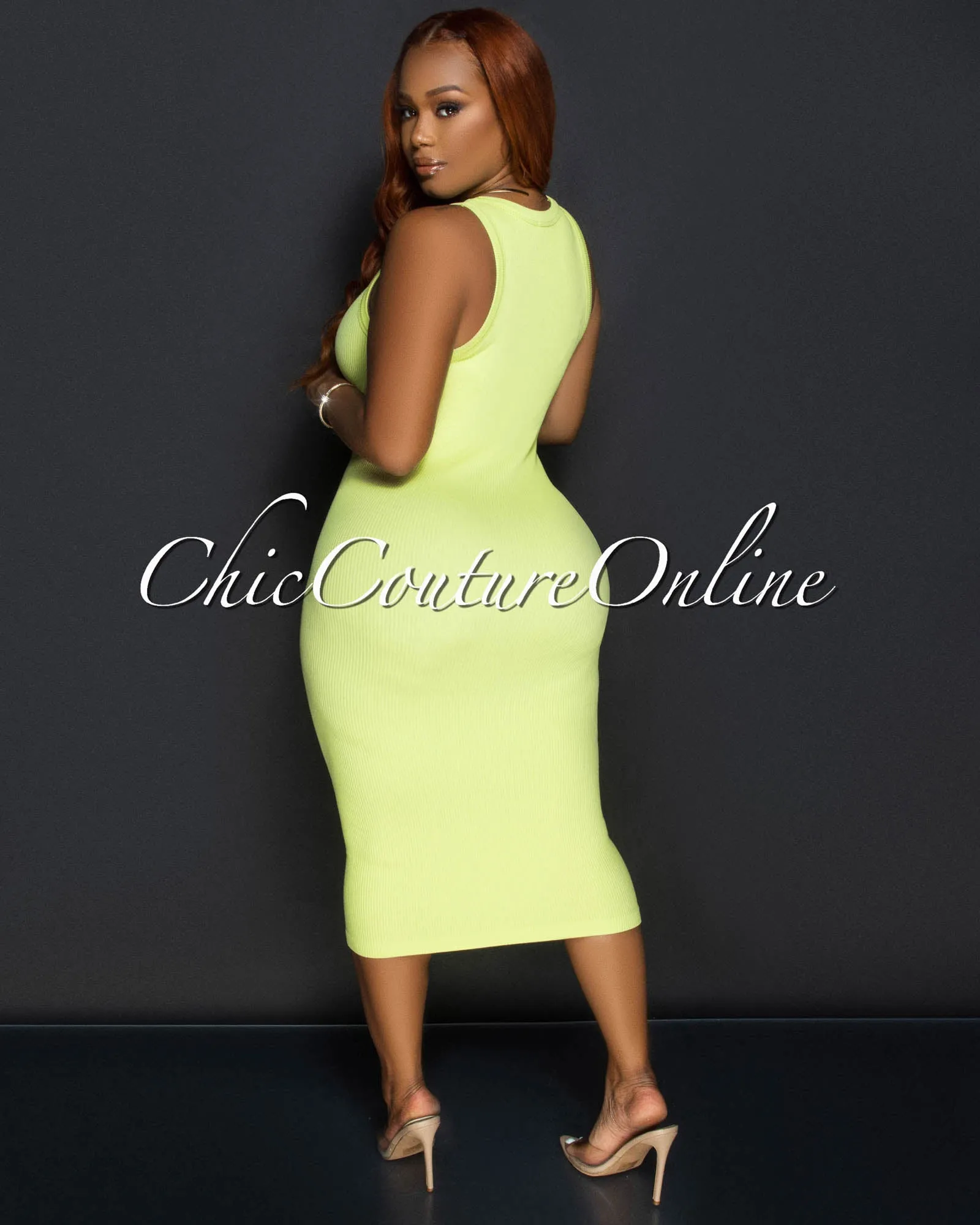 Liona Yellow Sleeveless Ribbed Midi Dress sold by Chic Couture product image thumbnail 3