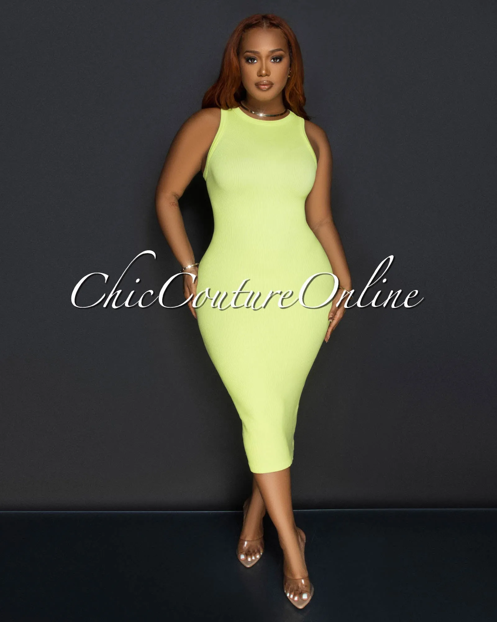 Liona Yellow Sleeveless Ribbed Midi Dress sold by Chic Couture