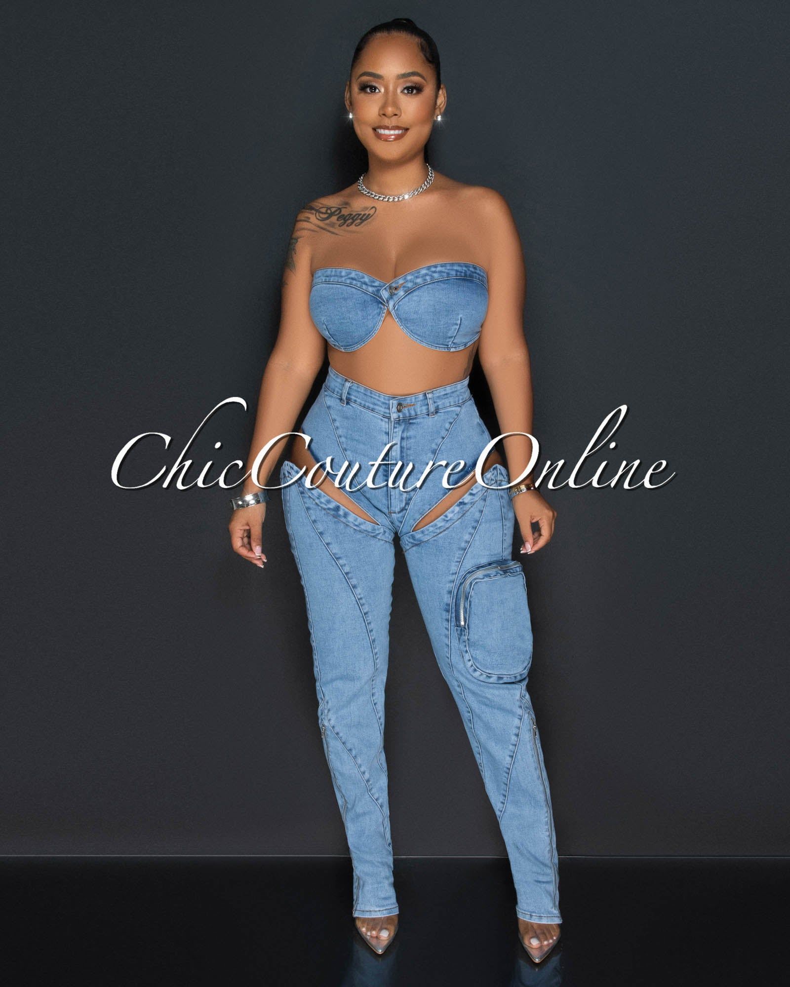 【mnem】Ichelle Cut Bijou Denim Jewelly Damen Stretch Jeans Five-Pocket-Jeans Boyfriend -Cut