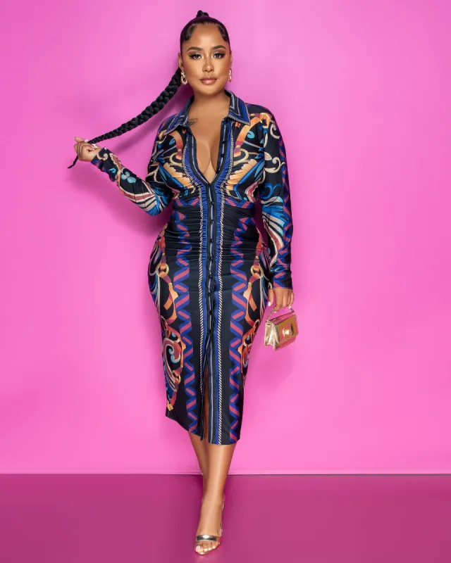*Henao Black Multi-Color Print Midi Dress sold by Chic Couture