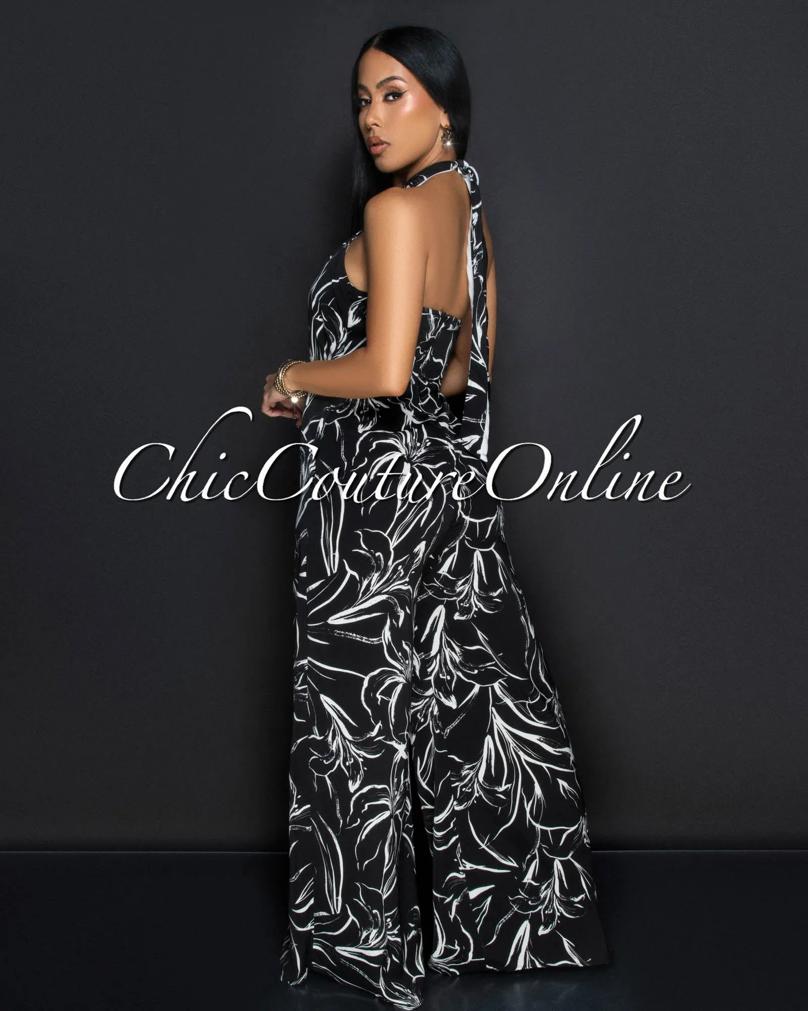 Xenora Black White Cross Halter Wide Legs Jumpsuit sold by Chic Couture product image thumbnail 3