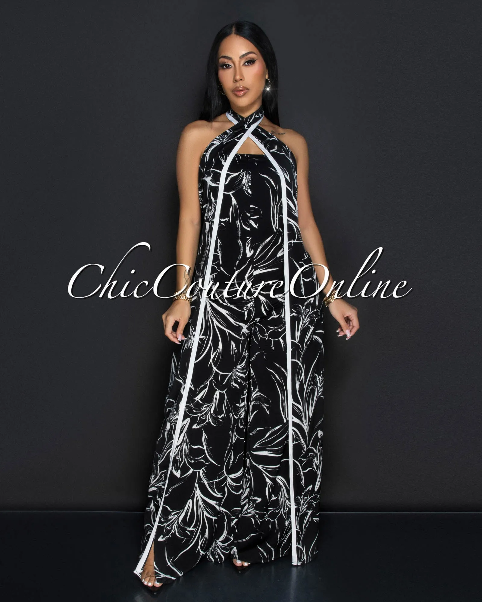 Xenora Black White Cross Halter Wide Legs Jumpsuit sold by Chic Couture product image thumbnail 2