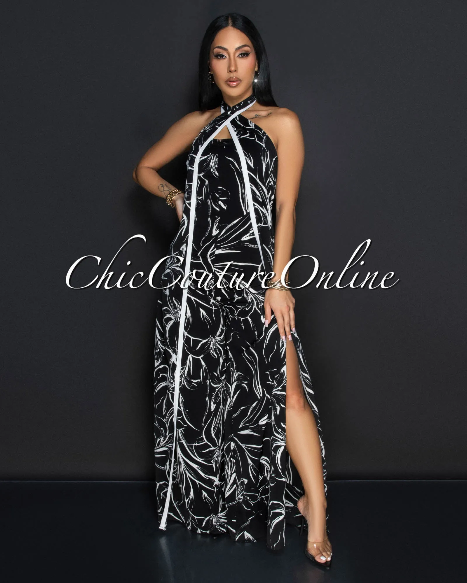Xenora Black White Cross Halter Wide Legs Jumpsuit sold by Chic Couture