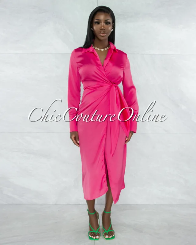 *Diane Hot Pink Wrap Satin Midi Dress sold by Chic Couture