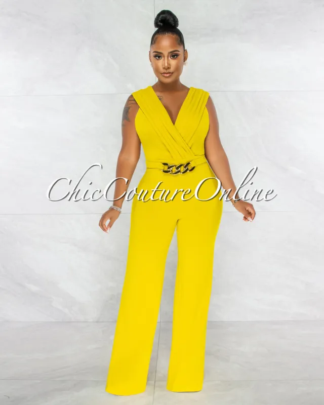 *Aimee Lime Pleated Bust Gold Link Jumpsuit sold by Chic Couture