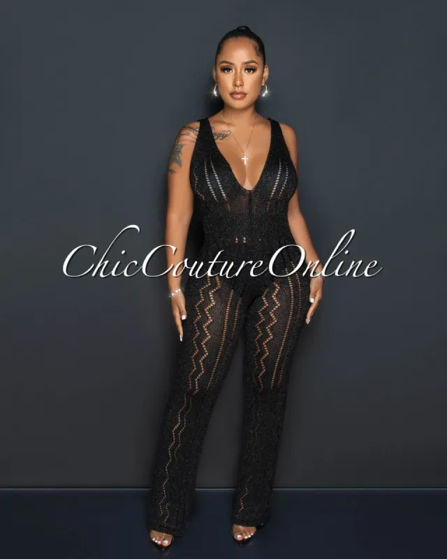Kerline Black Crochet Wide Legs Jumpsuit sold by Chic Couture