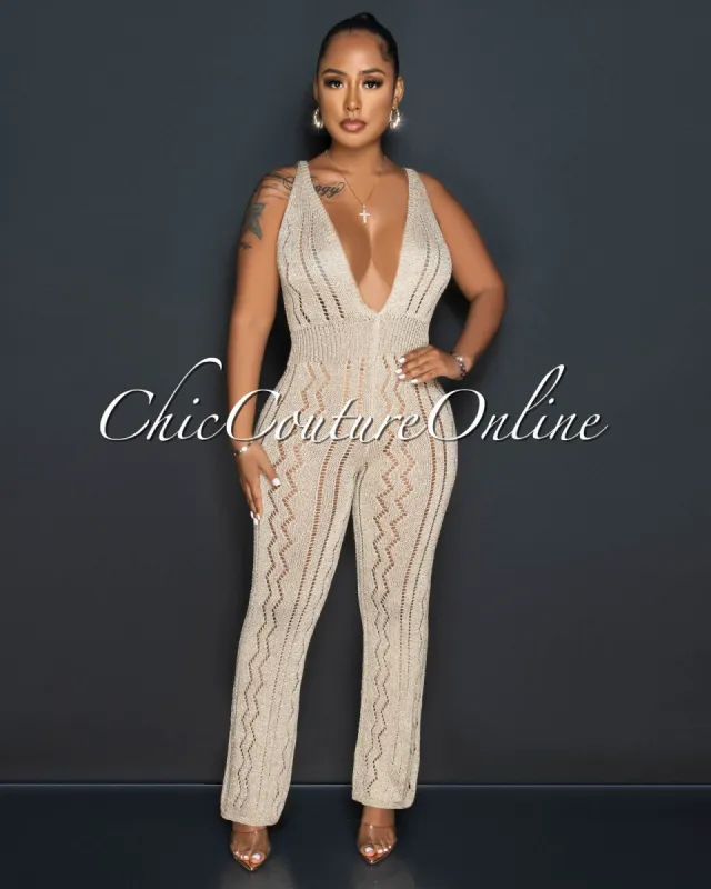 Kerline Gold Crochet Wide Legs Jumpsuit sold by Chic Couture