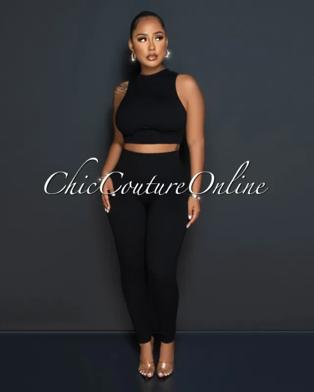 Tracy Black Ribbed Crop Top & Leggings Sculpting Set sold by Chic Couture