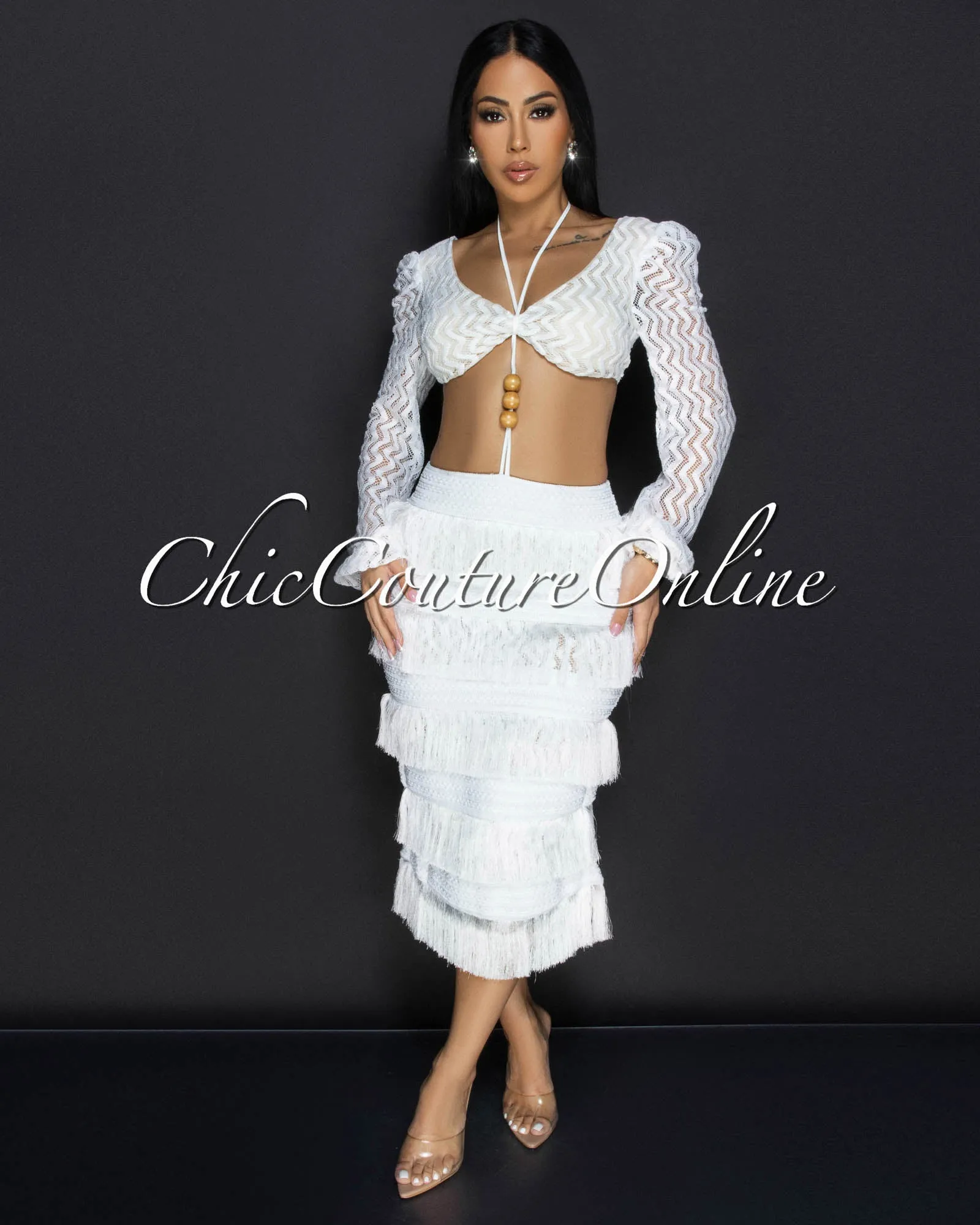 *Sonnet White Lace Crop Top & Fringe Skirt Set sold by Chic Couture product image thumbnail 5