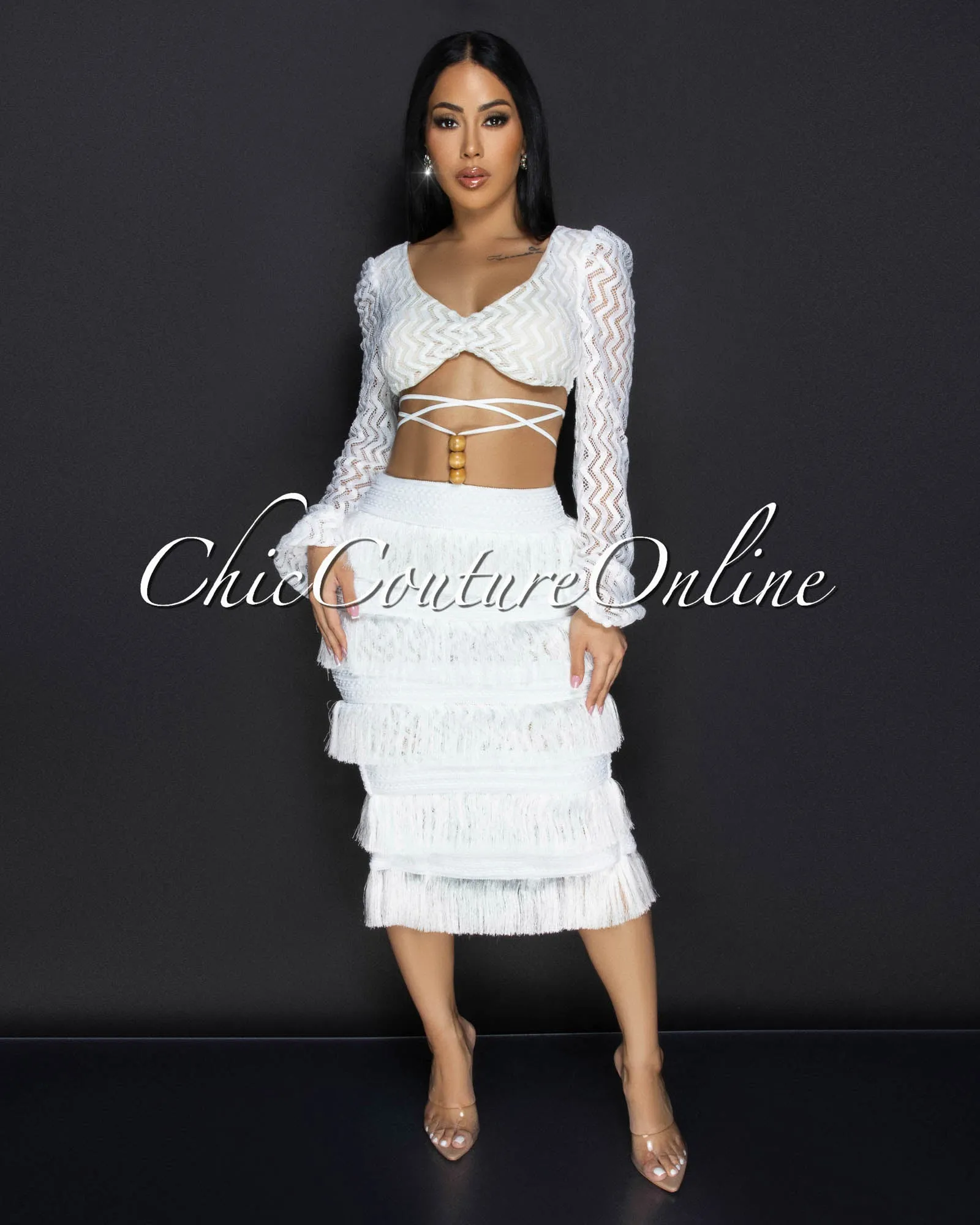 *Sonnet White Lace Crop Top & Fringe Skirt Set sold by Chic Couture