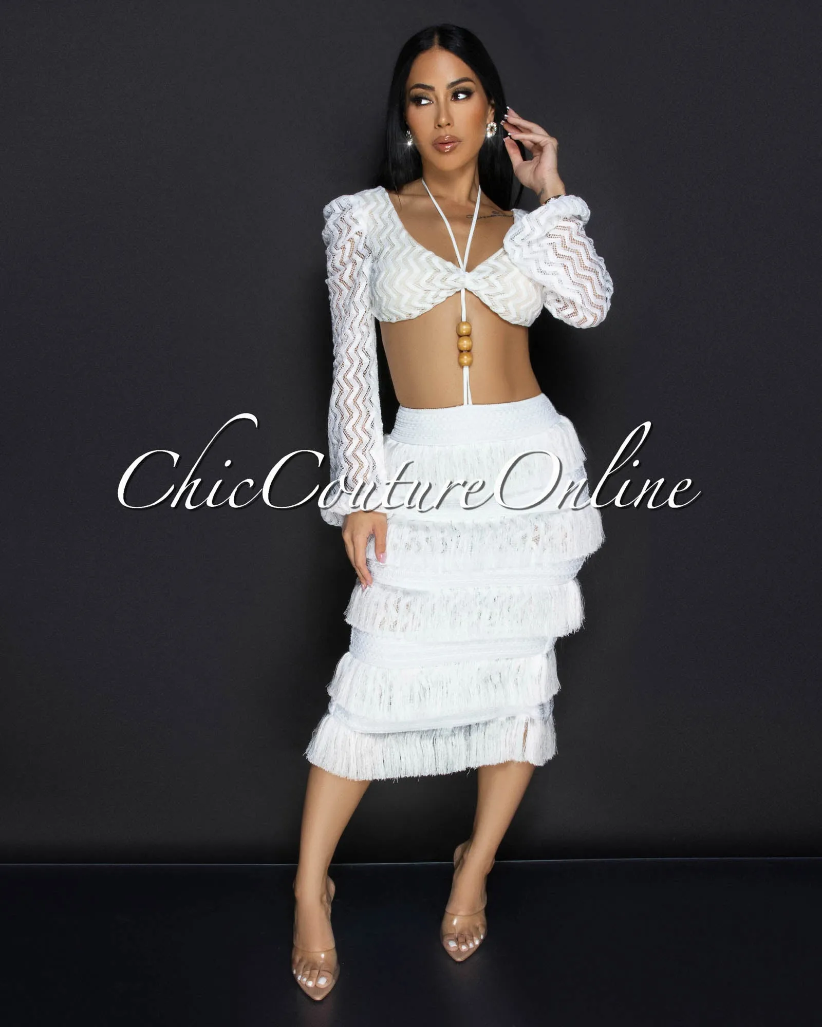 *Sonnet White Lace Crop Top & Fringe Skirt Set sold by Chic Couture product image thumbnail 4