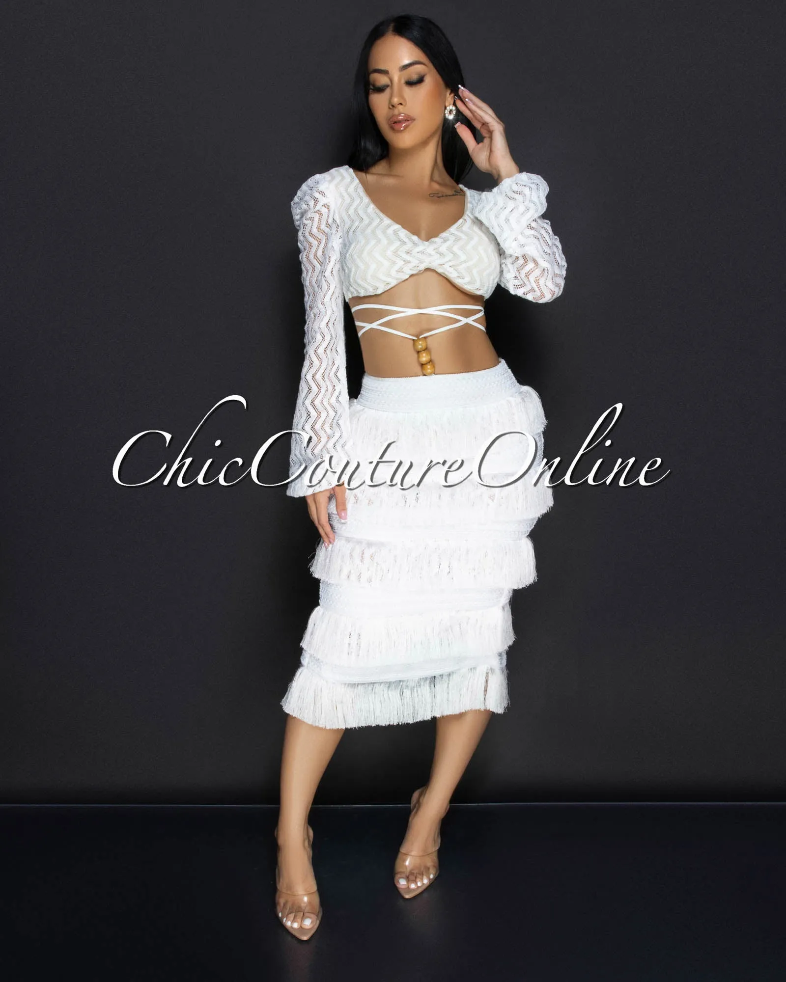 *Sonnet White Lace Crop Top & Fringe Skirt Set sold by Chic Couture product image thumbnail 2