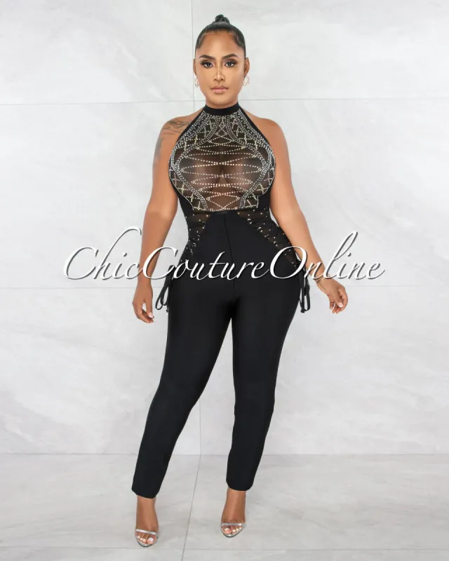 *Nicanor Black Rhinestones Mesh Straps Bandage Jumpsuit sold by Chic Couture