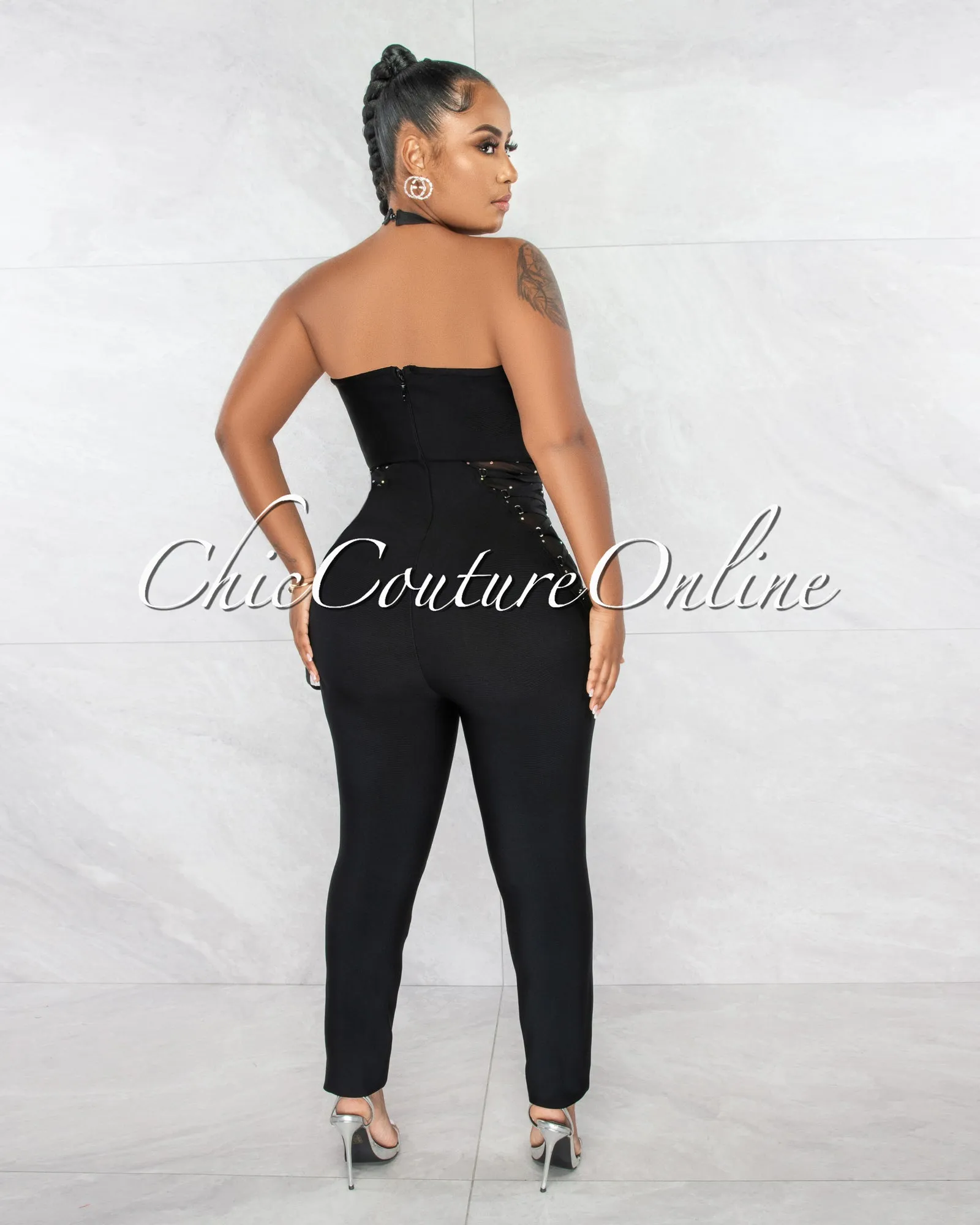*Nicanor Black Rhinestones Mesh Straps Bandage Jumpsuit sold by Chic Couture product image thumbnail 3