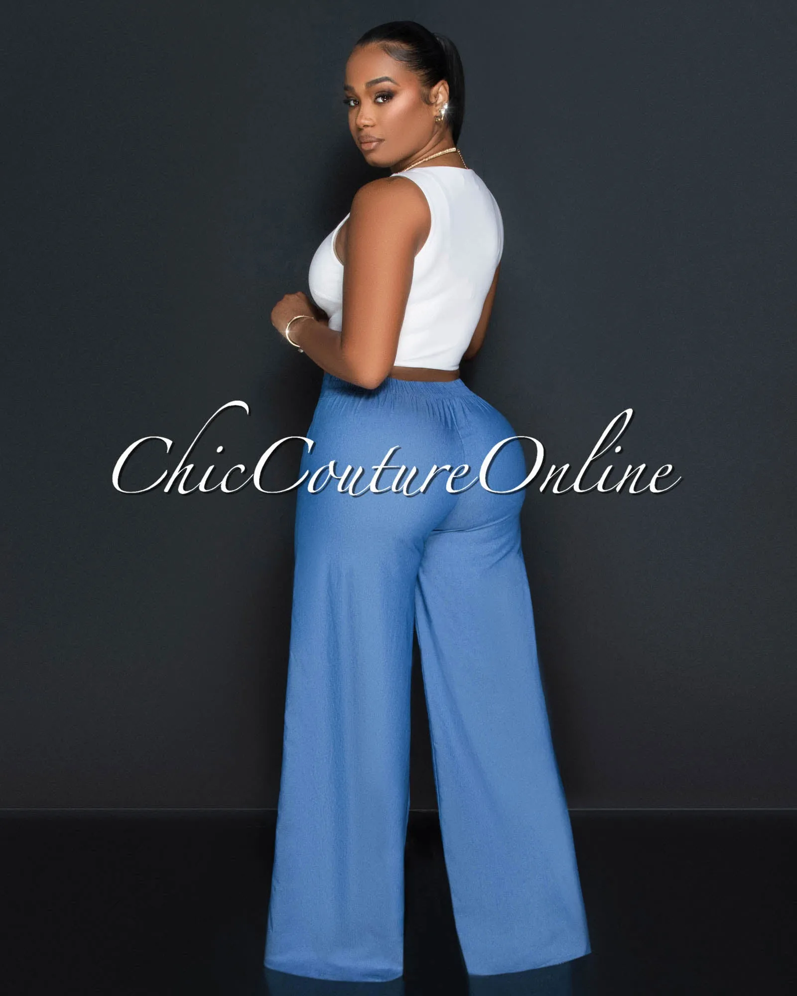 Lorina White Racerback Top & Chambray Wide Pants Set sold by Chic Couture product image thumbnail 2