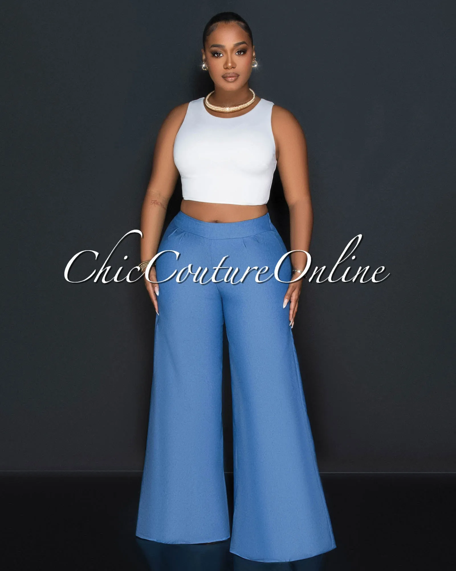 Lorina White Racerback Top & Chambray Wide Pants Set sold by Chic Couture
