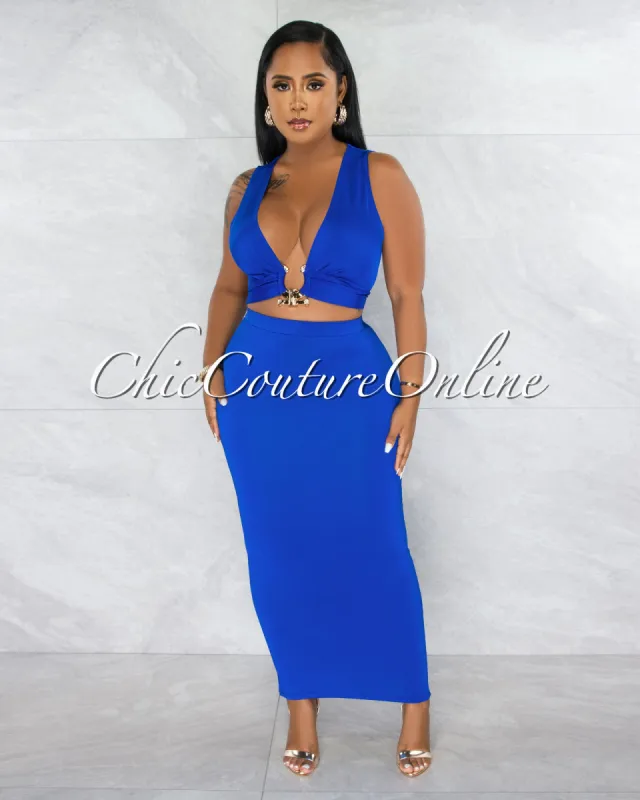 *Samina Royal Blue Gold Accent Crop Top & Maxi Skirt Set sold by Chic Couture