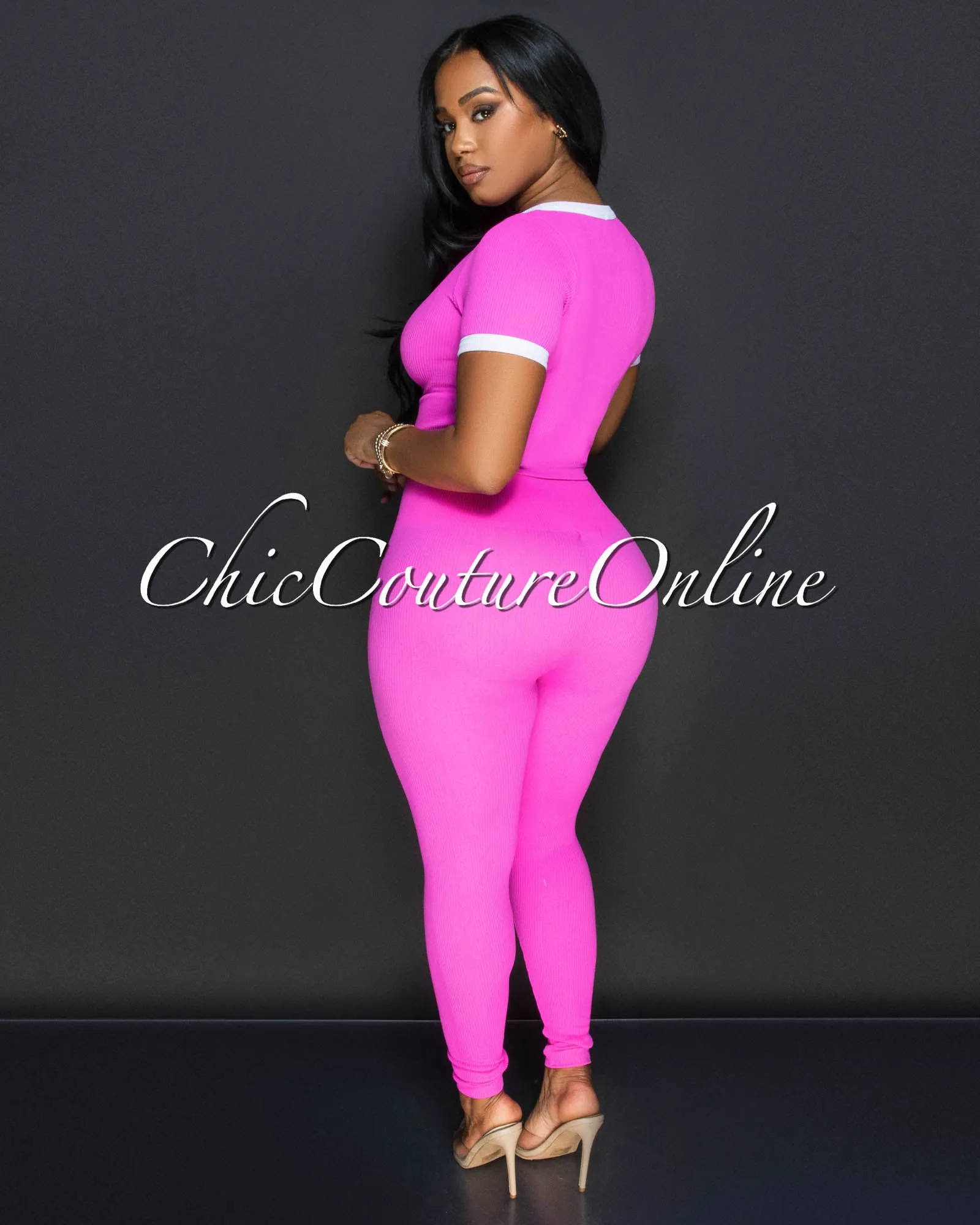 Sharana Fuchsia White Crop Top & Leggings Ribbed Sculpting Set sold by Chic Couture product image thumbnail 3