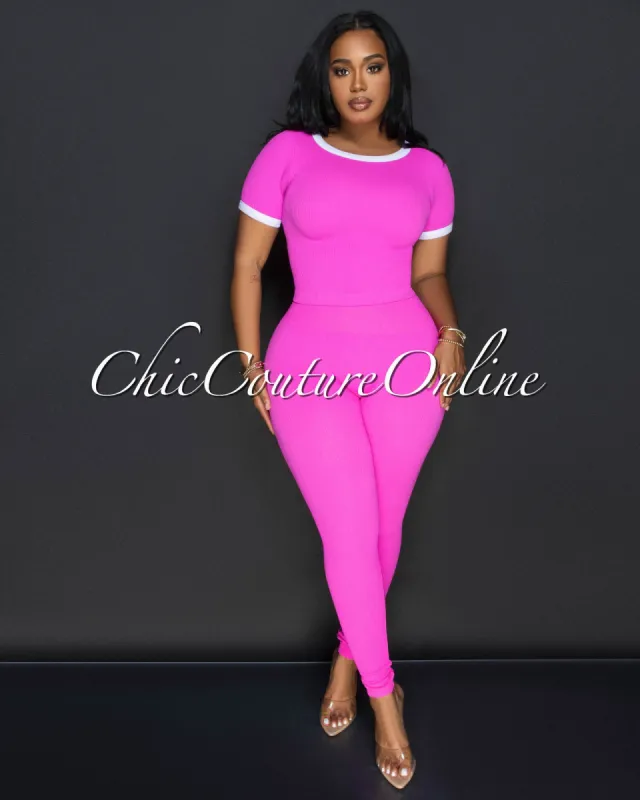 Sharana Fuchsia White Crop Top & Leggings Ribbed Sculpting Set sold by Chic Couture