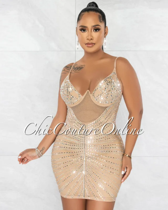 *Jennika Nude Mesh Sheer Rhinestones Mini Dress sold by Chic Couture