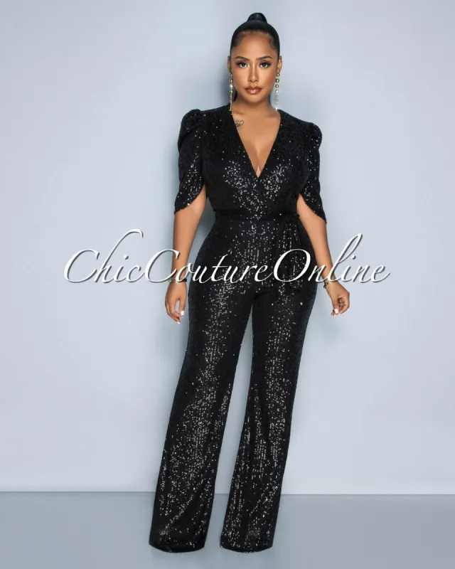 *Mellie Black Sequins Bubble Sleeves Jumpsuit sold by Chic Couture
