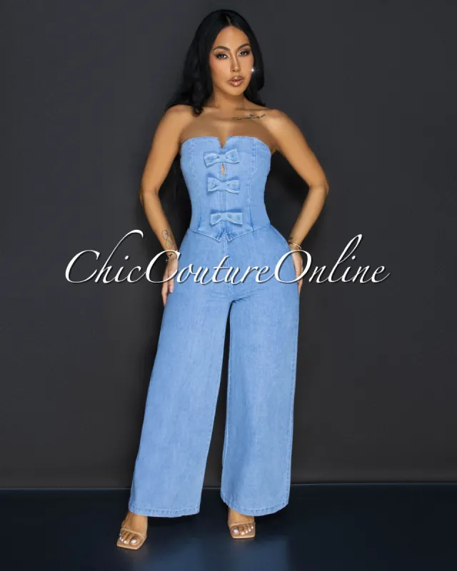 Venette Light Denim Bow Strapless Jumpsuit sold by Chic Couture