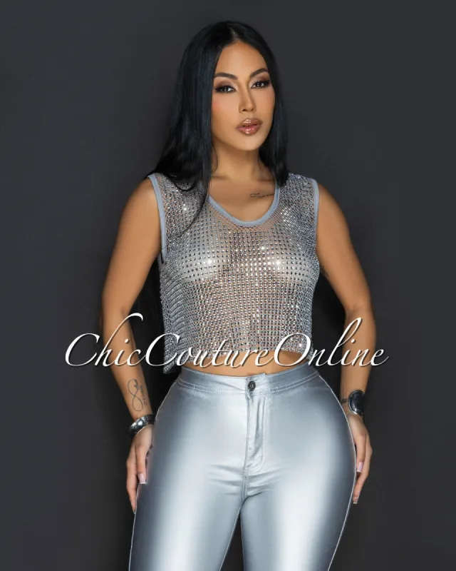 Vazy Grey Rhinestones Mesh Top sold by Chic Couture