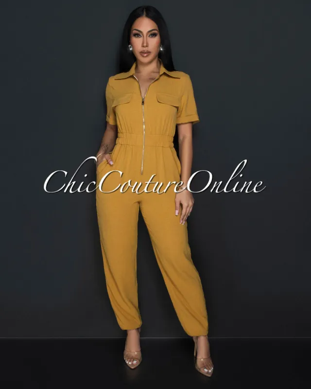 Sumi Mustard Utility Cargo Jumpsuit sold by Chic Couture