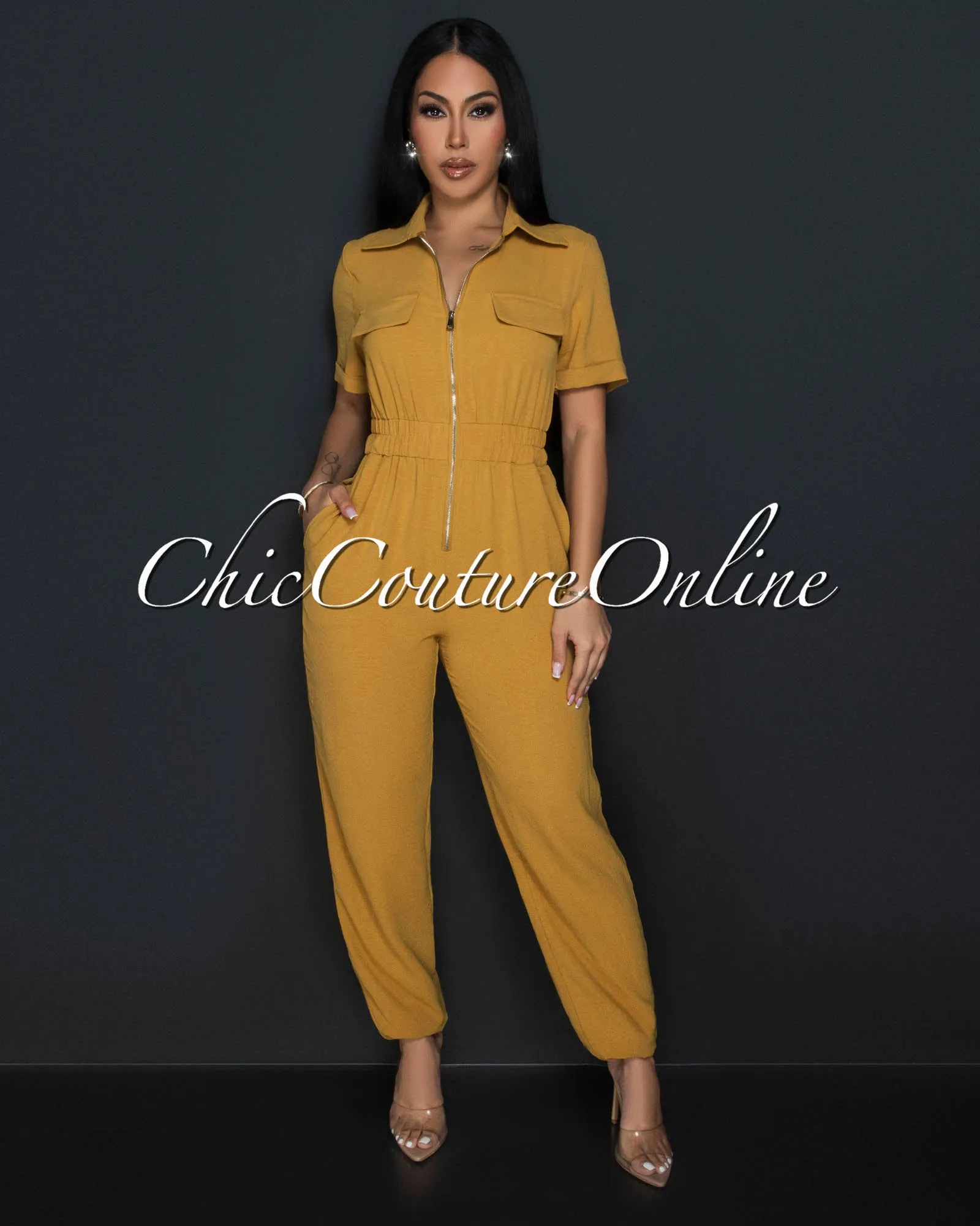 Sumi Mustard Utility Cargo Jumpsuit sold by Chic Couture
