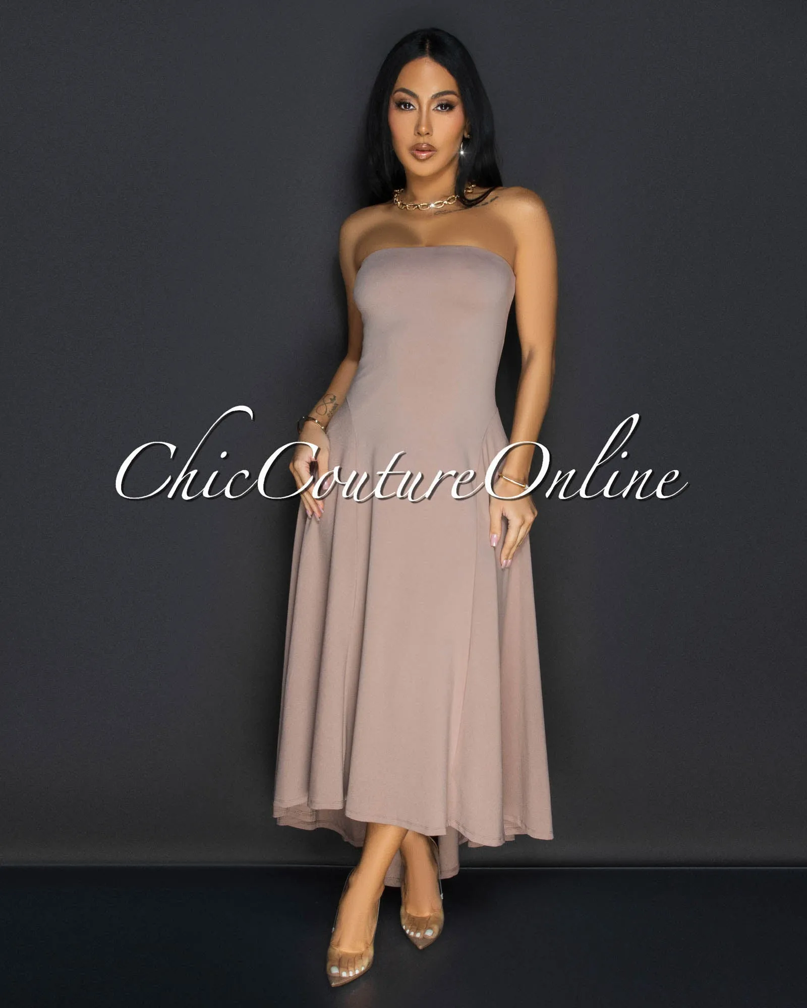 Isolde Taupe Strapless Hi Lo Dress sold by Chic Couture product image thumbnail 2