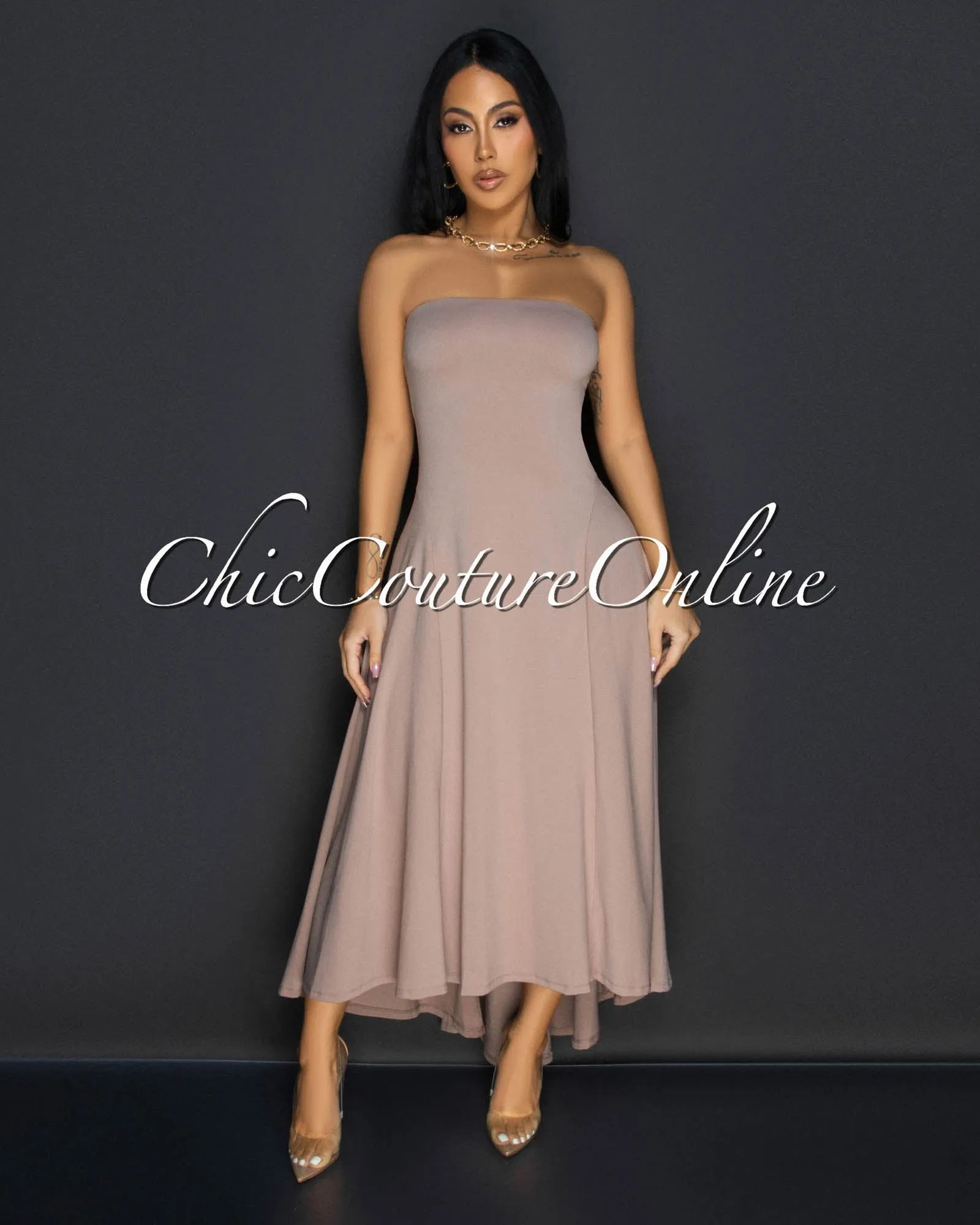 Isolde Taupe Strapless Hi Lo Dress sold by Chic Couture