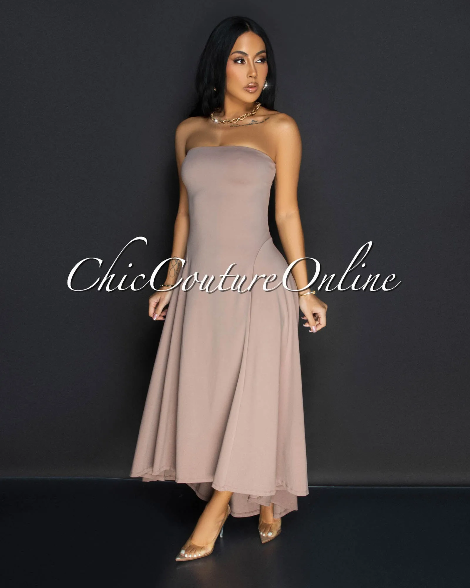 Isolde Taupe Strapless Hi Lo Dress sold by Chic Couture product image thumbnail 3