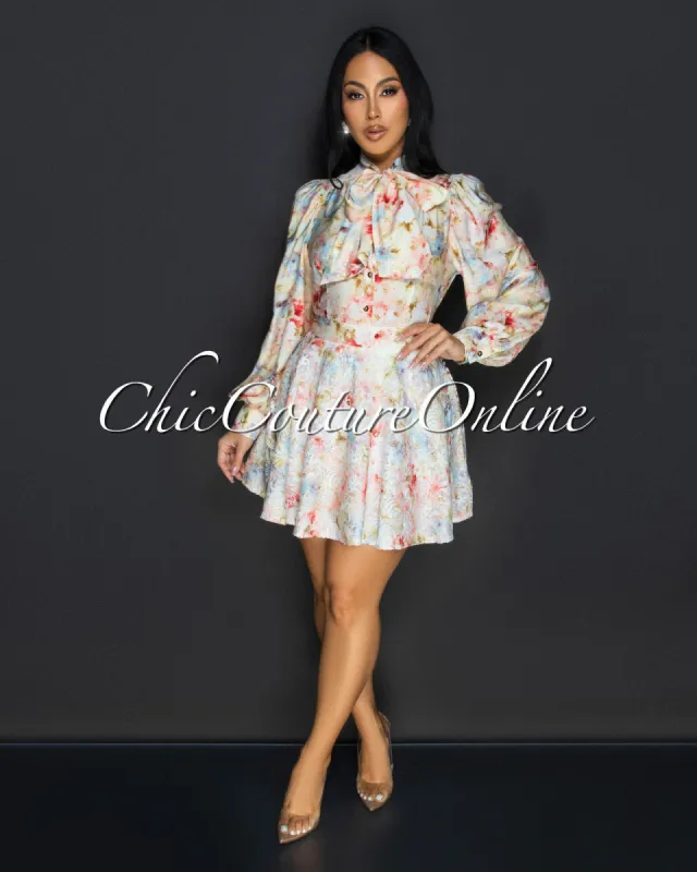 Nuane Beige Floral Print Blouse & Skirt Set sold by Chic Couture
