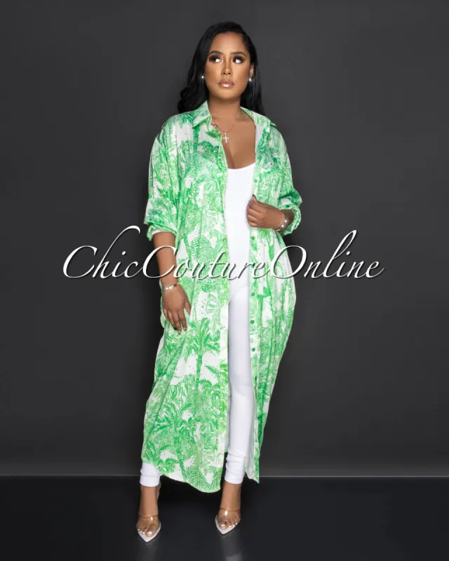 *Mirtha Green Print Silky Maxi Shirt Duster Dress sold by Chic Couture