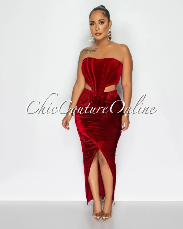 *Basta Burgundy Corset Top & Draped Maxi Skirt Velvet Set sold by Chic Couture